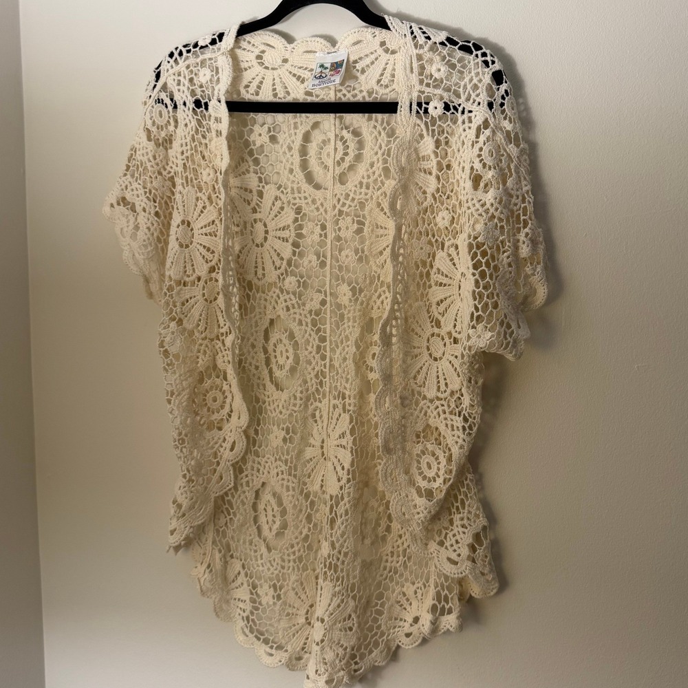 Ivory Crochet Lace Kimono Duster Boho Beach Cover Up Floral Scalloped One Size